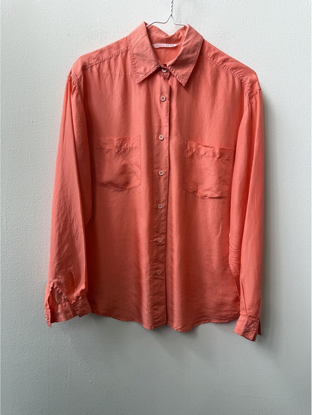Vintage Pura Seta 100% Silk Long Sleeve Button-Up Shirt Coral Large